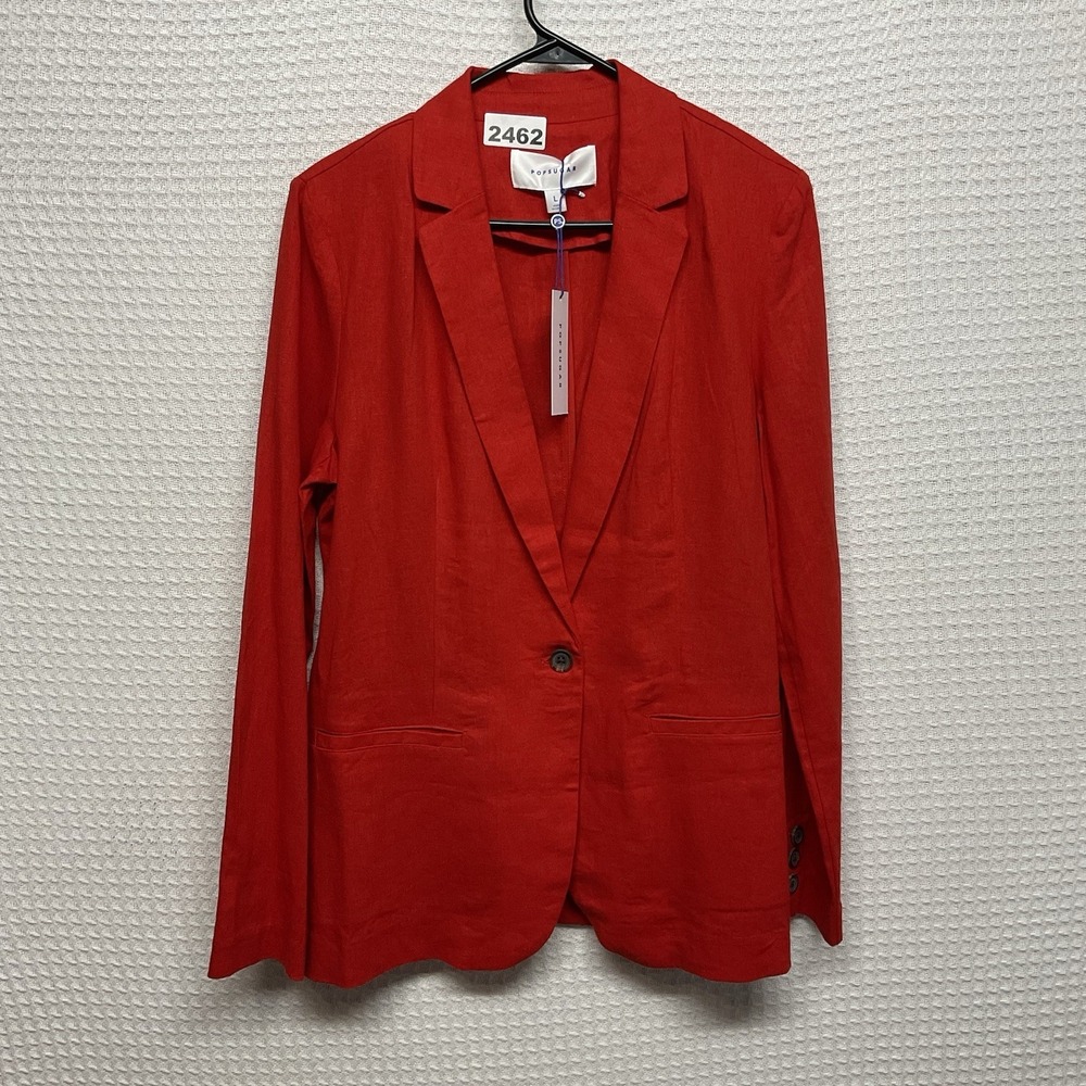 PopSugar Women Linen Blend Blazer Women's Large Red Office Lightweight Pockets